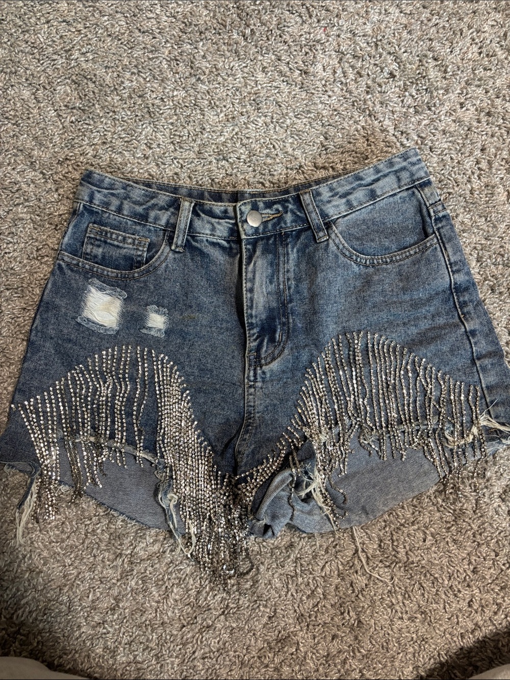 Fringed Rhinestone High-Rise Denim Shorts - Blue
